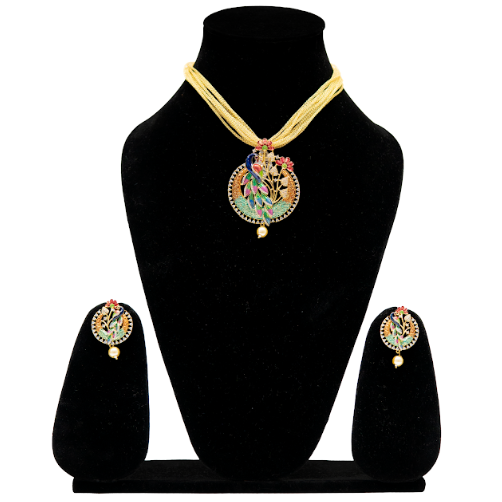 Peacock Motif Statement Necklace Set with Handcrafted Pendant